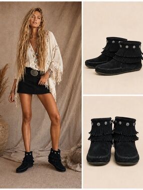 Minnetonka Black Suede Double Fringe Concho Moccasin Booties Size 11